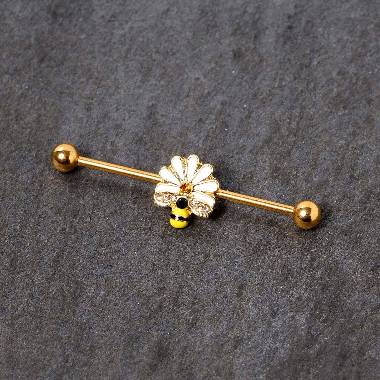 14 Gauge Gold Tone Flower Daisy Bee Industrial Barbell 38mm