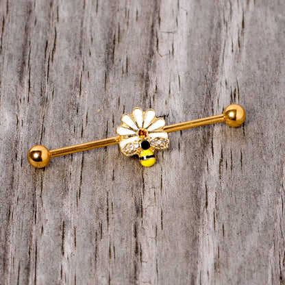 14 Gauge Gold Tone Flower Daisy Bee Industrial Barbell 38mm