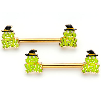 14 Gauge 9/16 Gold Tone Frog Witch Halloween Barbell Nipple Ring Set