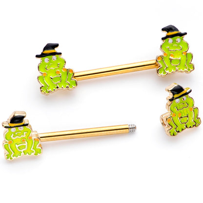 14 Gauge 9/16 Gold Tone Frog Witch Halloween Barbell Nipple Ring Set