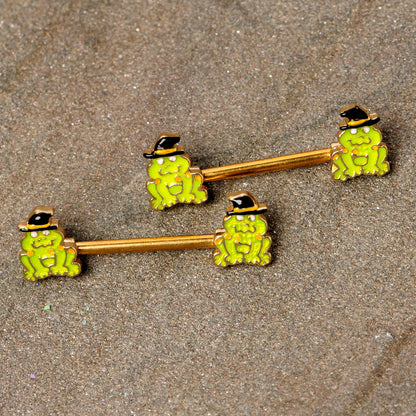 14 Gauge 9/16 Gold Tone Frog Witch Halloween Barbell Nipple Ring Set