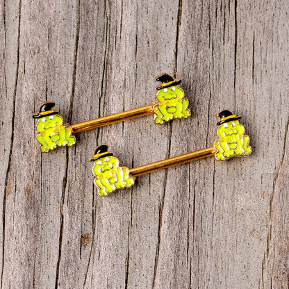 14 Gauge 9/16 Gold Tone Frog Witch Halloween Barbell Nipple Ring Set