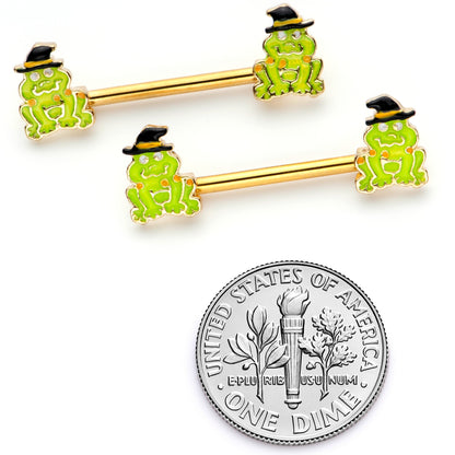 14 Gauge 9/16 Gold Tone Frog Witch Halloween Barbell Nipple Ring Set