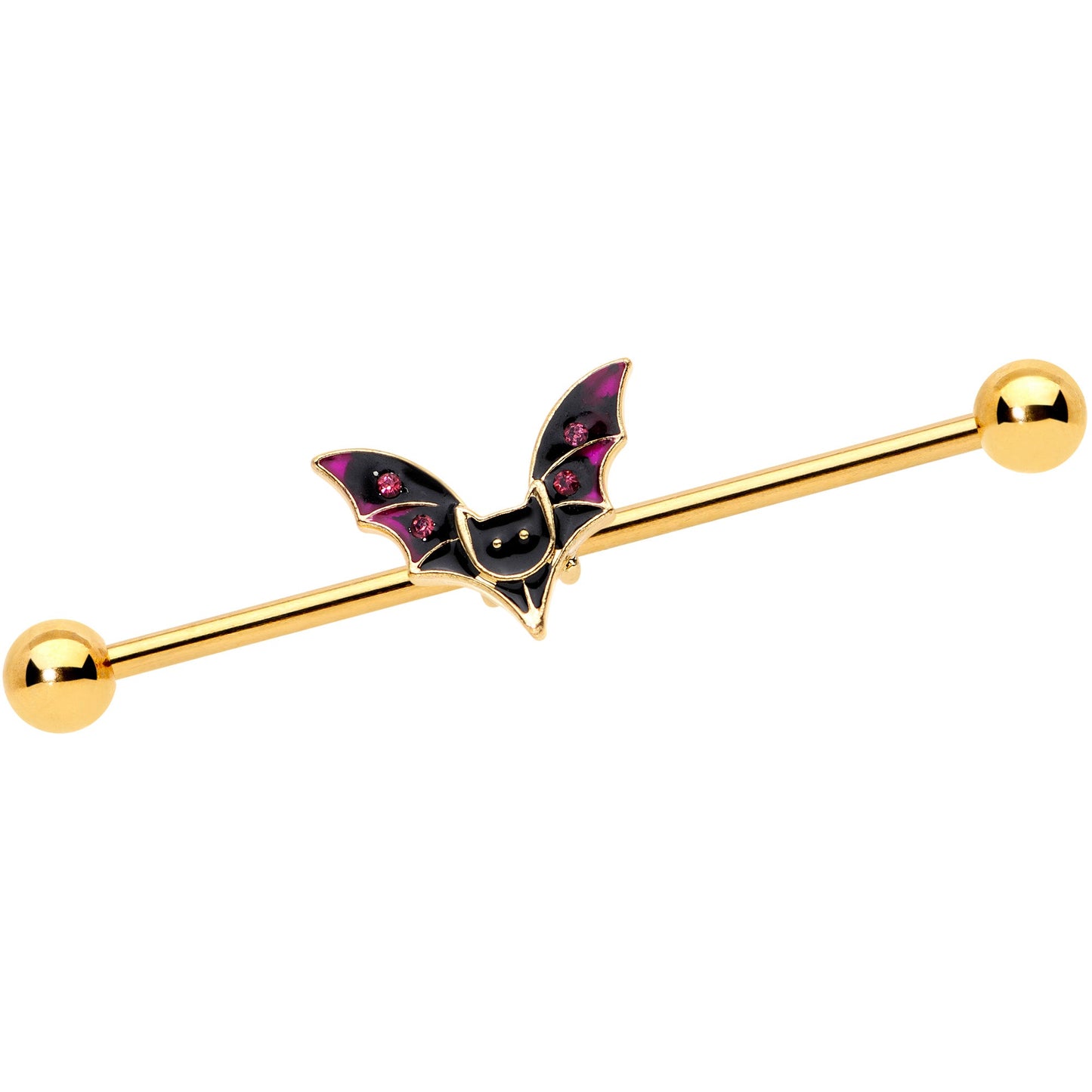 14 Gauge Pink Gem Gold Tone Vamp Bat Halloween Industrial Barbell 38mm