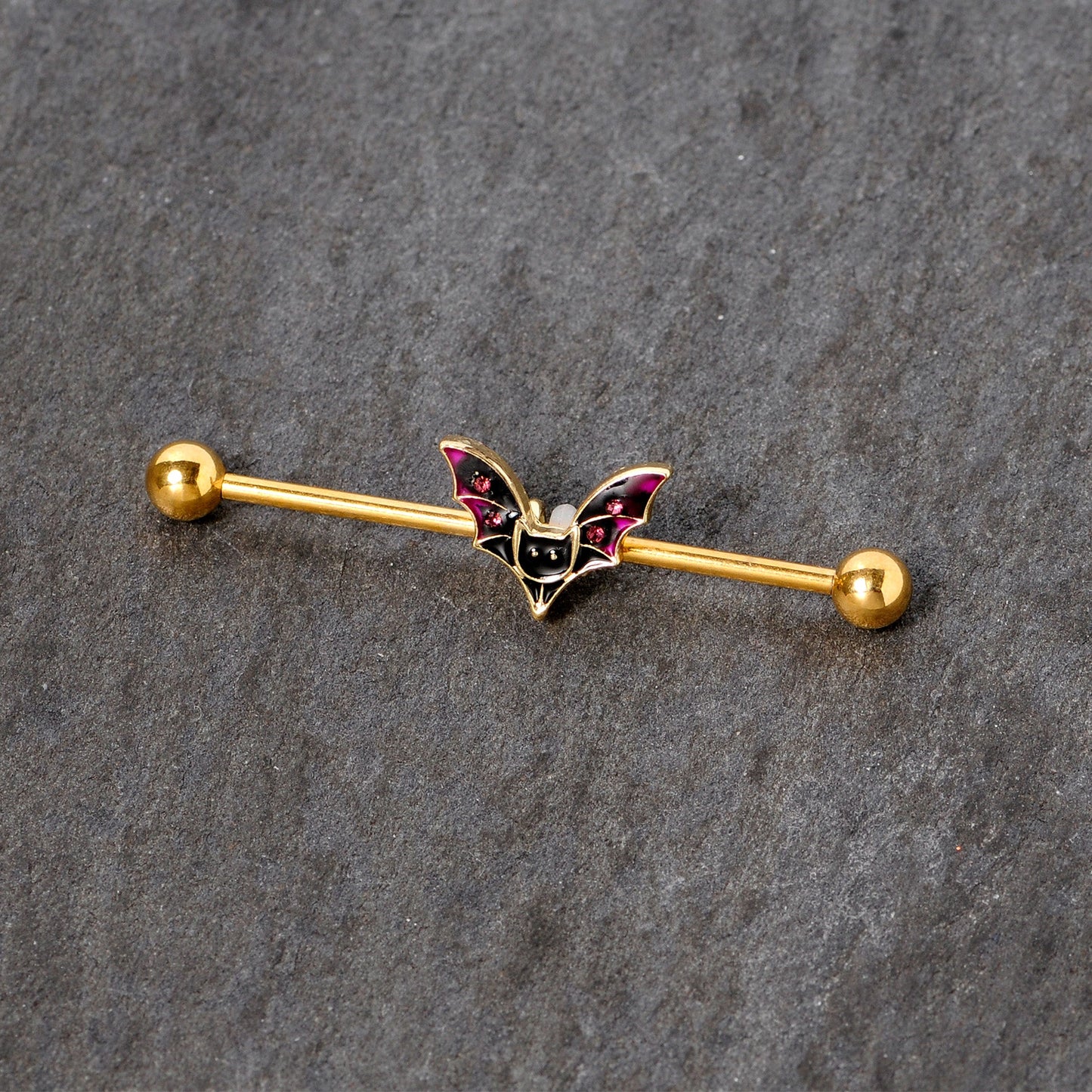 14 Gauge Pink Gem Gold Tone Vamp Bat Halloween Industrial Barbell 38mm