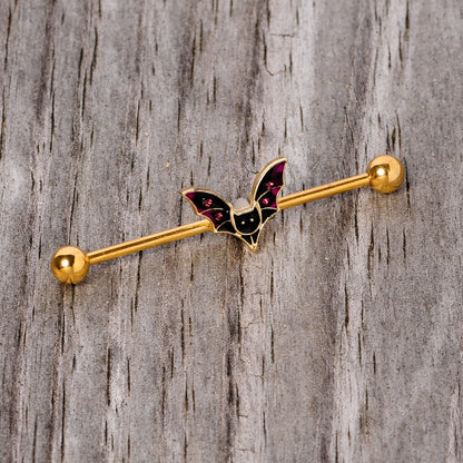 14 Gauge Pink Gem Gold Tone Vamp Bat Halloween Industrial Barbell 38mm