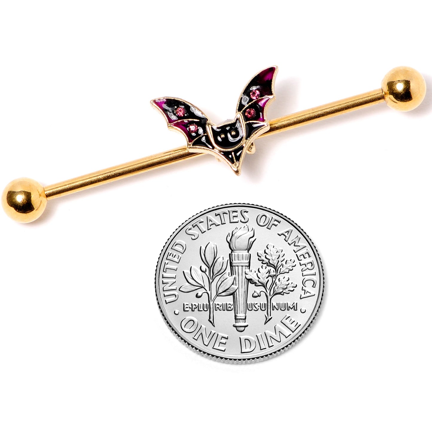 14 Gauge Pink Gem Gold Tone Vamp Bat Halloween Industrial Barbell 38mm