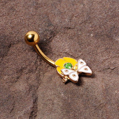Green Gem Gold Tone Butterfly Flower Belly Ring