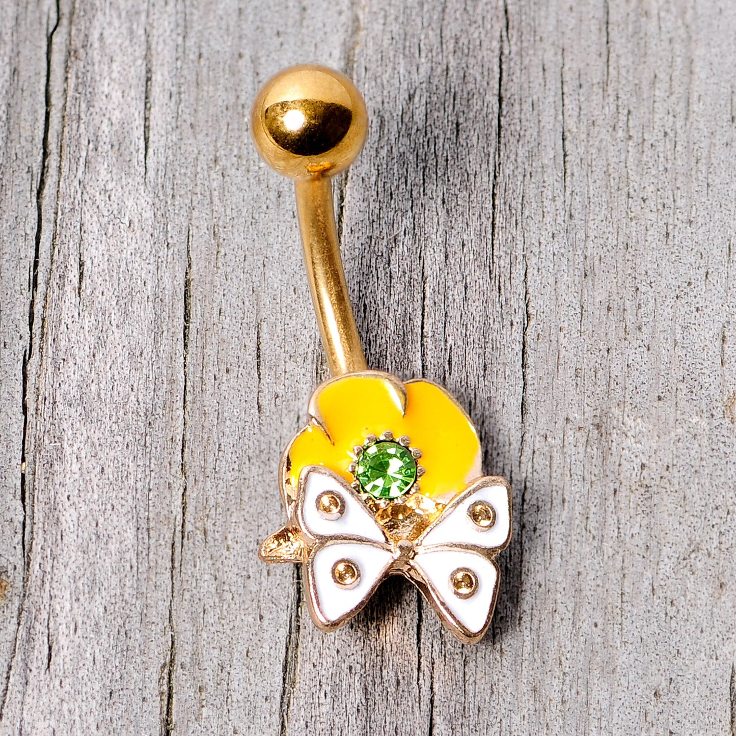 Green Gem Gold Tone Butterfly Flower Belly Ring