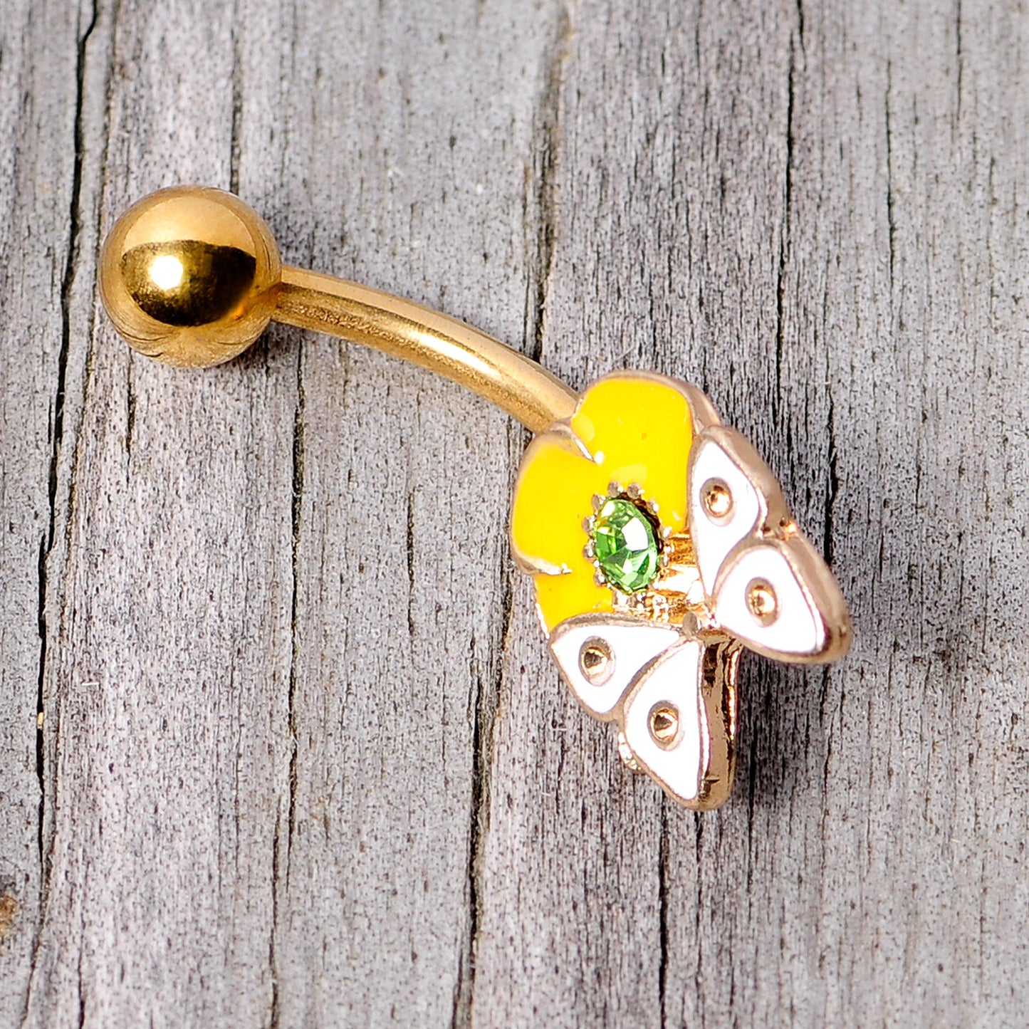Green Gem Gold Tone Butterfly Flower Belly Ring