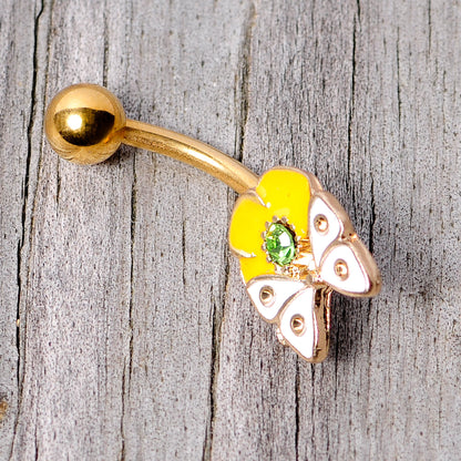 Green Gem Gold Tone Butterfly Flower Belly Ring