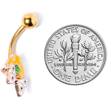 Green Gem Gold Tone Butterfly Flower Belly Ring