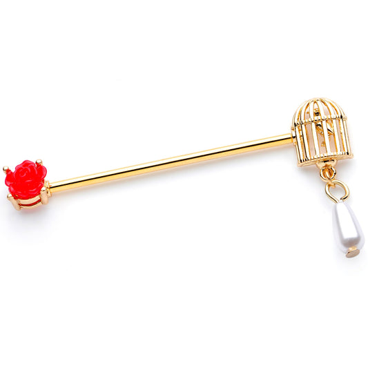 14 Gauge Gold Tone Red Flower Birdcage Industrial Barbell 38mm