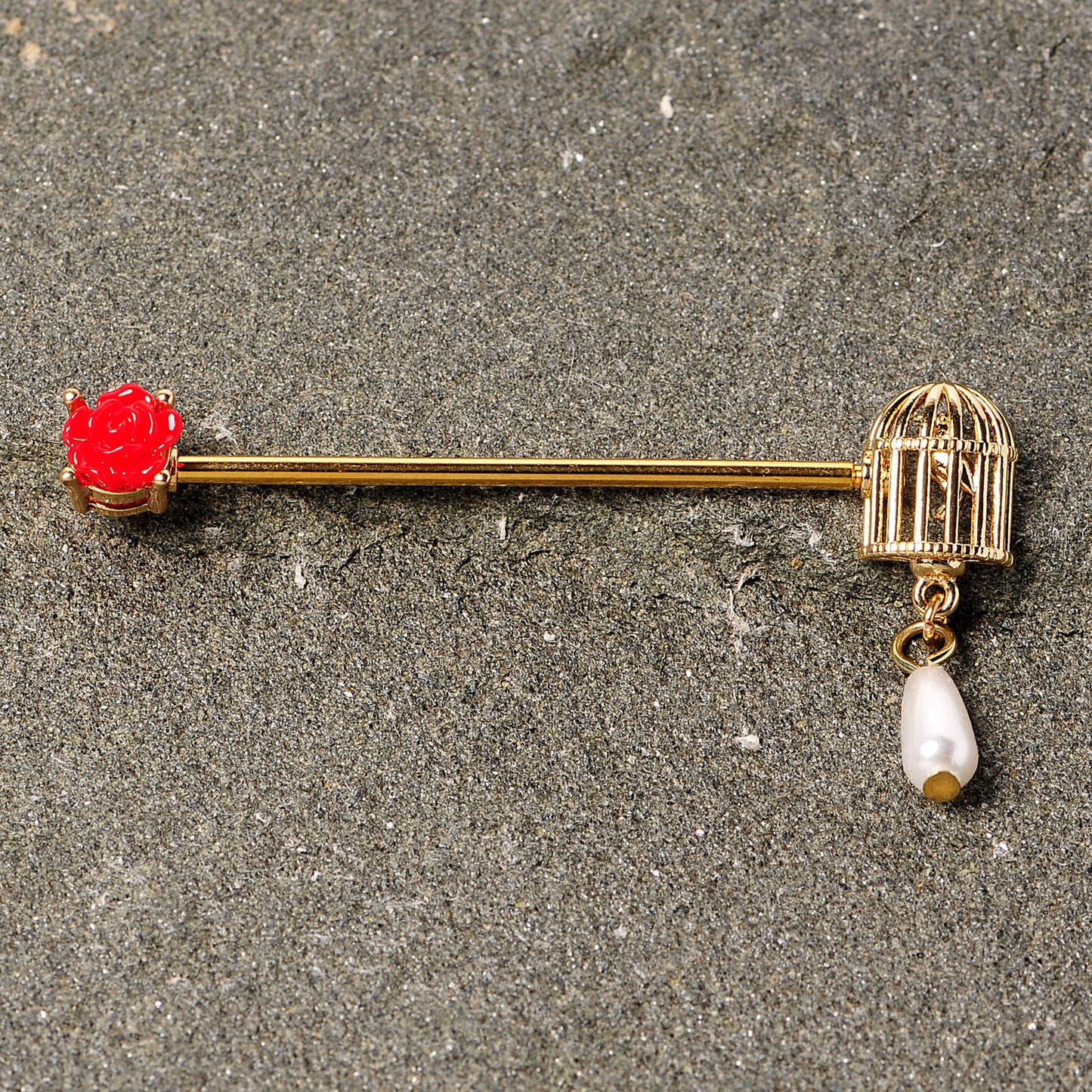 14 Gauge Gold Tone Red Flower Birdcage Industrial Barbell 38mm