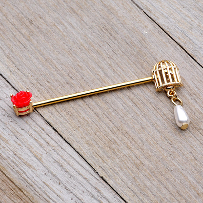 14 Gauge Gold Tone Red Flower Birdcage Industrial Barbell 38mm