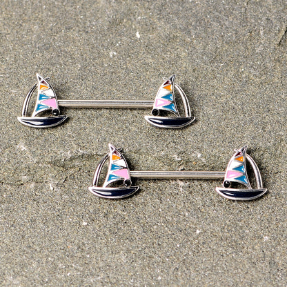 14 Gauge 9/16 Black Gem Teal Nautical Sailboat Barbell Nipple Ring Set