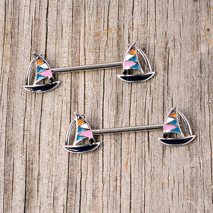 14 Gauge 9/16 Black Gem Teal Nautical Sailboat Barbell Nipple Ring Set