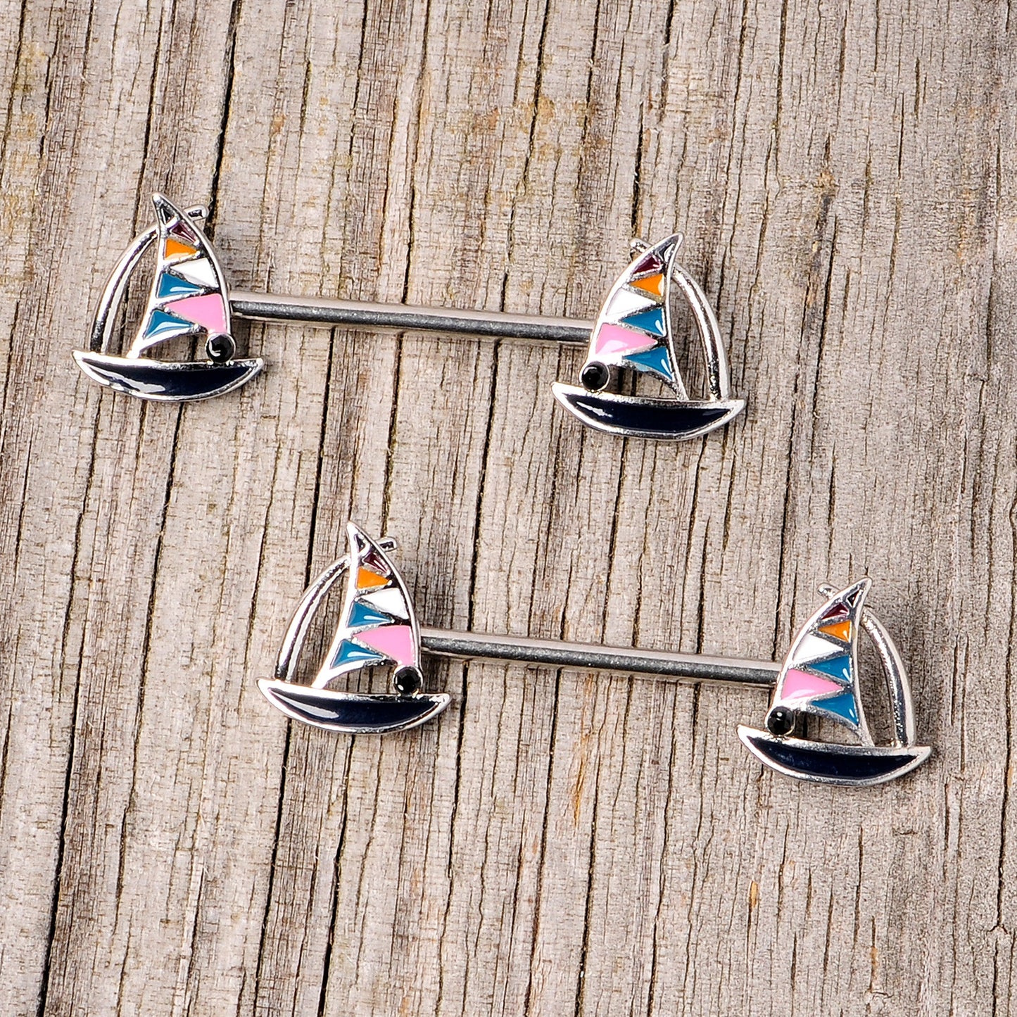 14 Gauge 9/16 Black Gem Teal Nautical Sailboat Barbell Nipple Ring Set