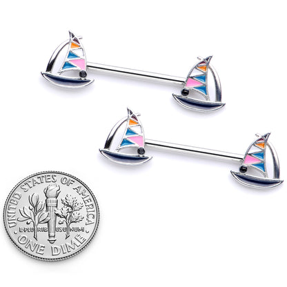 14 Gauge 9/16 Black Gem Teal Nautical Sailboat Barbell Nipple Ring Set