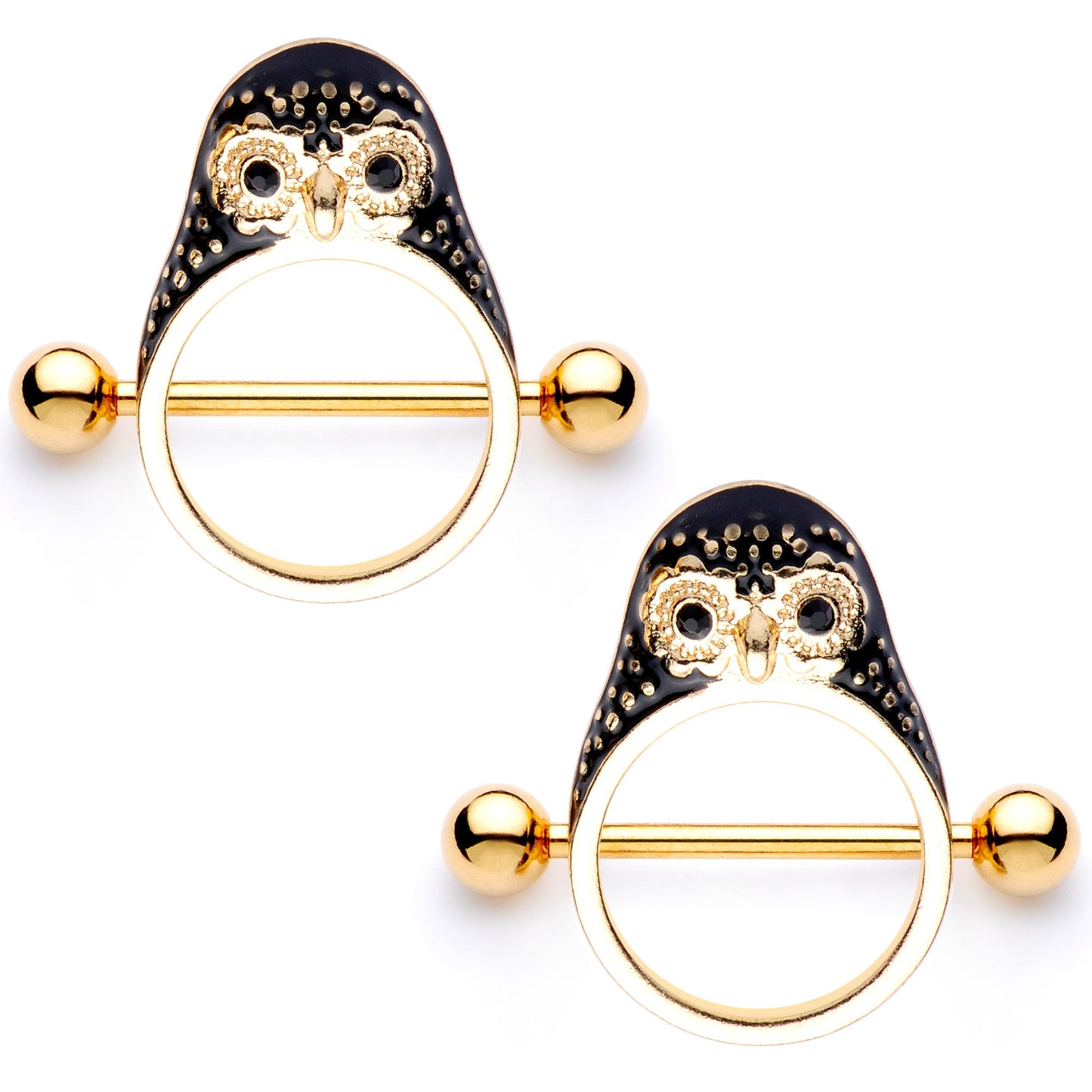 14 Gauge 9/16 Black Gem Gold Tone Barn Owl Nipple Shield Set