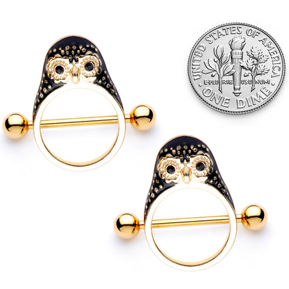 14 Gauge 9/16 Black Gem Gold Tone Barn Owl Nipple Shield Set