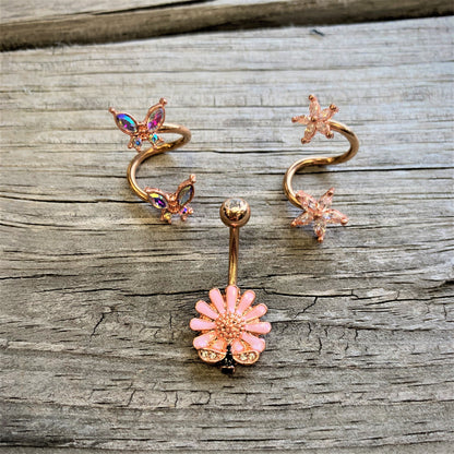 Clear Gem Rose Gold Tone Pink Daisy Bee Belly Ring