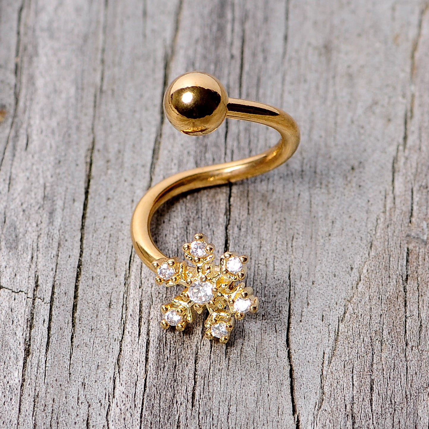 Clear CZ Gem Gold Tone Snowflake Christmas Spiral Twister Belly Ring