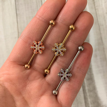 14 Gauge Aurora Gem Snowflake Industrial Barbell 38mm