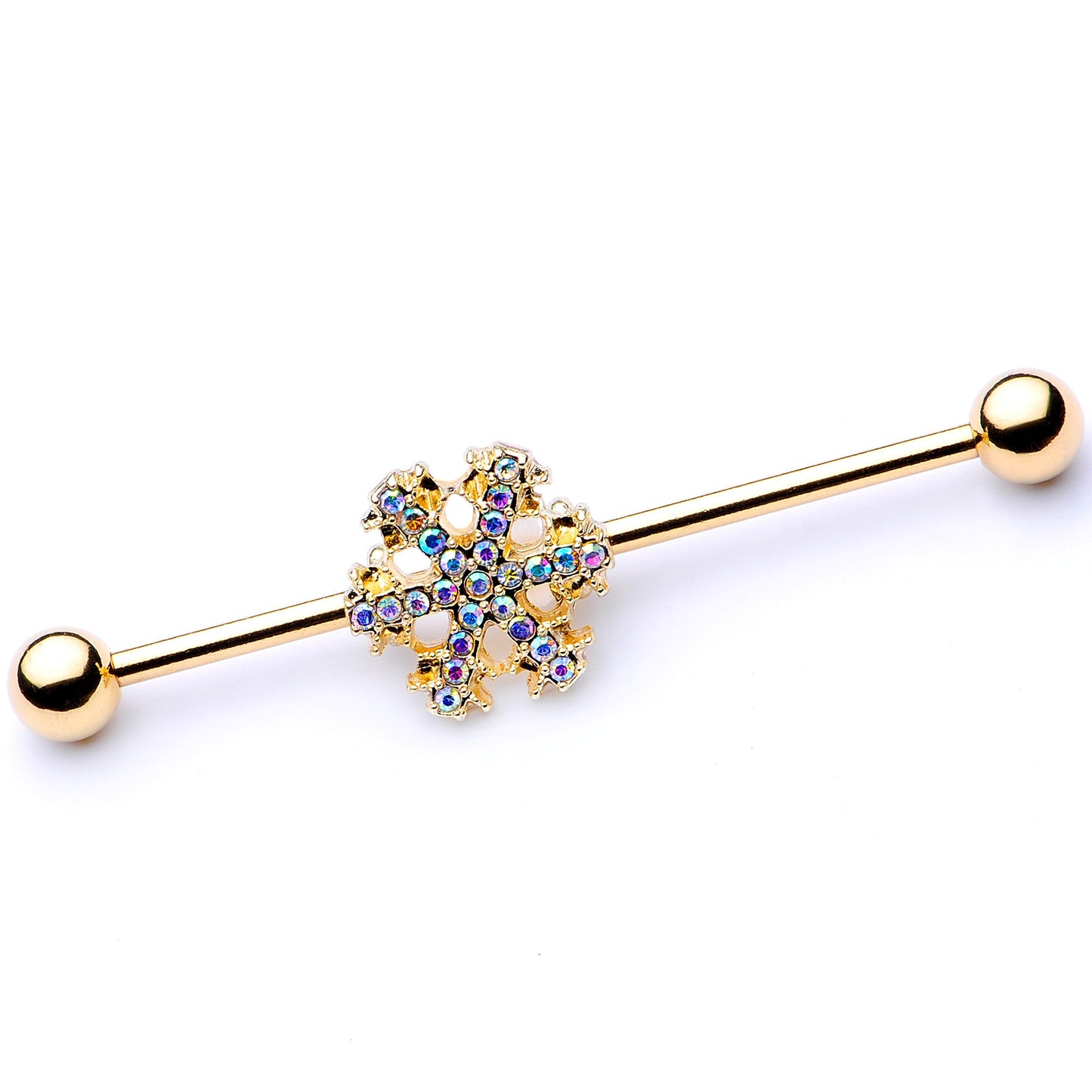 14 Gauge Aurora Gem Gold Tone Snowflake Industrial Barbell 38mm