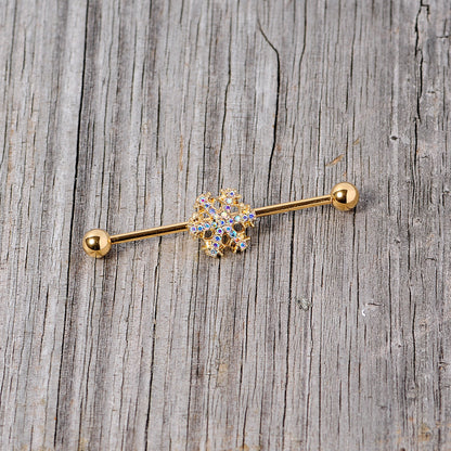 14 Gauge Aurora Gem Gold Tone Snowflake Industrial Barbell 38mm