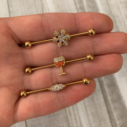 14 Gauge Aurora Gem Gold Tone Snowflake Industrial Barbell 38mm