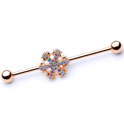 14 Gauge Aurora Gem Rose Gold Tone Snowflake Industrial Barbell 38mm