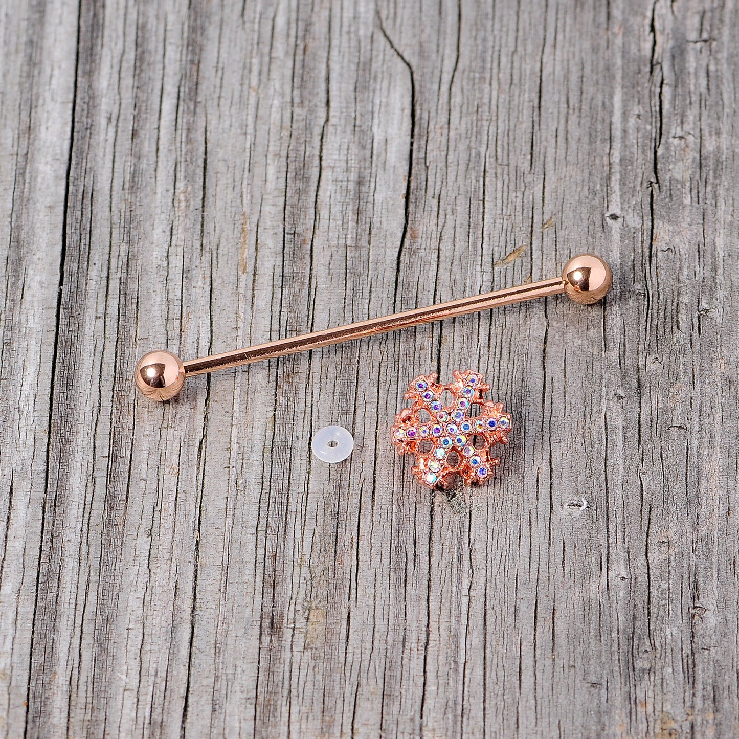 14 Gauge Aurora Gem Rose Gold Tone Snowflake Industrial Barbell 38mm