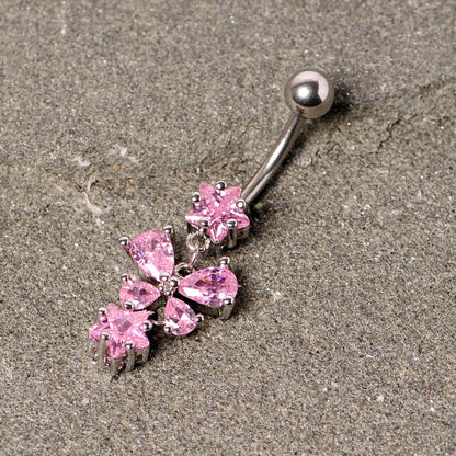 Pink Gem Star Bow Dangle Belly Ring