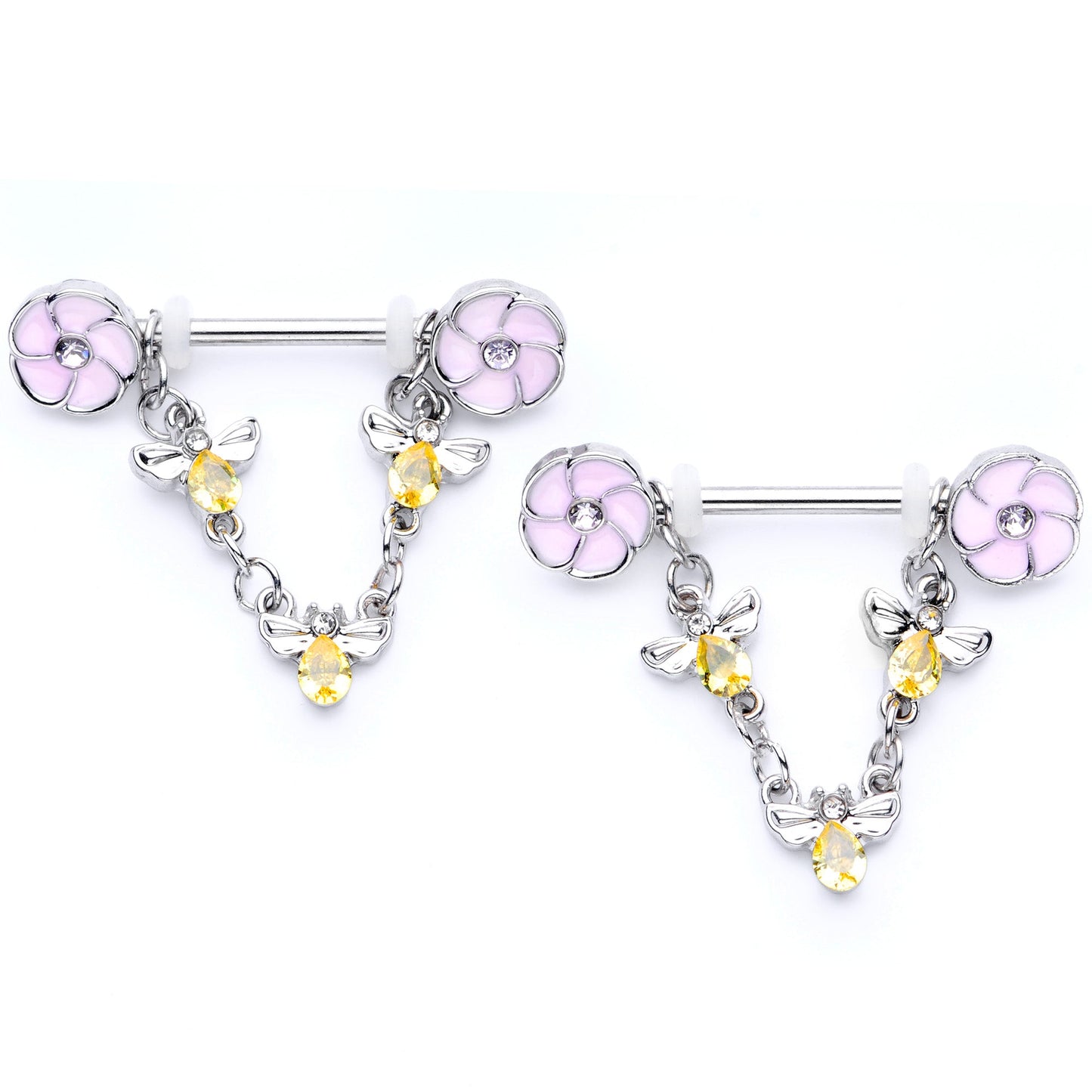 14 Gauge 5/8 Yellow Clear Gem Bee Flower Dangle Nipple Ring Set