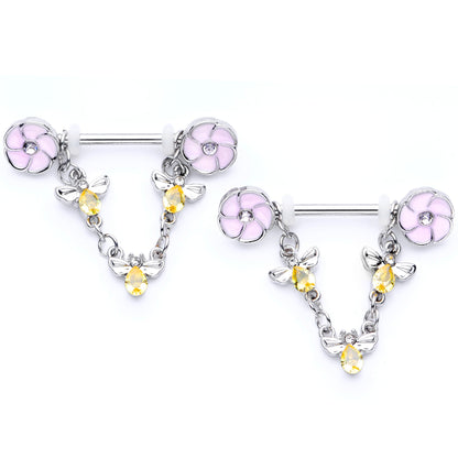 14 Gauge 5/8 Yellow Clear Gem Bee Flower Dangle Nipple Ring Set