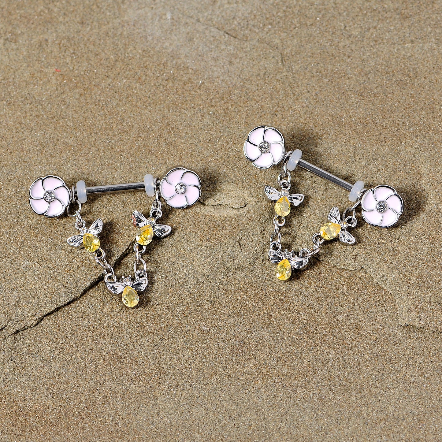 14 Gauge 5/8 Yellow Clear Gem Bee Flower Dangle Nipple Ring Set