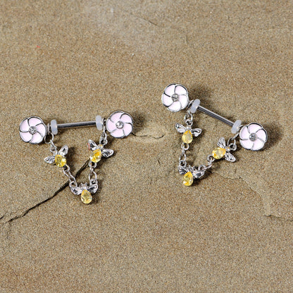 14 Gauge 5/8 Yellow Clear Gem Bee Flower Dangle Nipple Ring Set