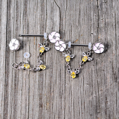 14 Gauge 5/8 Yellow Clear Gem Bee Flower Dangle Nipple Ring Set