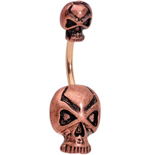 Rose Gold Tone Scary Double Skull Halloween Double Mount Belly Ring