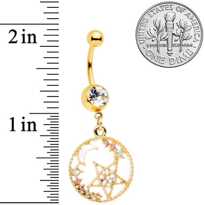 Clear Aurora Gem Gold Tone Circle Star Moon Dangle Belly Ring