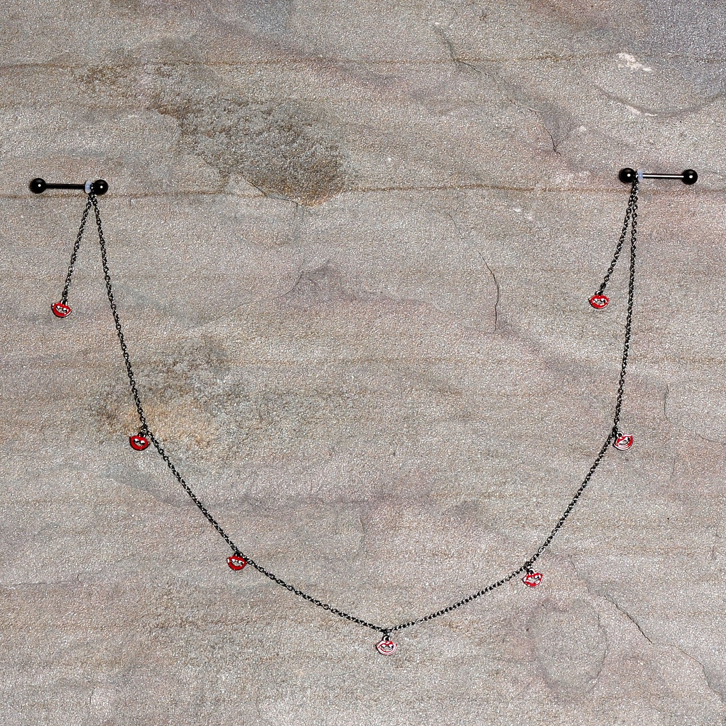 14 Gauge 5/8 Red Black Monster Fang Halloween Dangle Nipple Chain