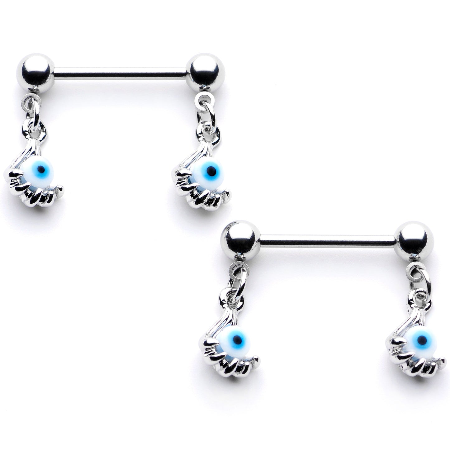 14 Gauge 5/8 Blue Eyeball Hand Halloween Dangle Nipple Ring Set