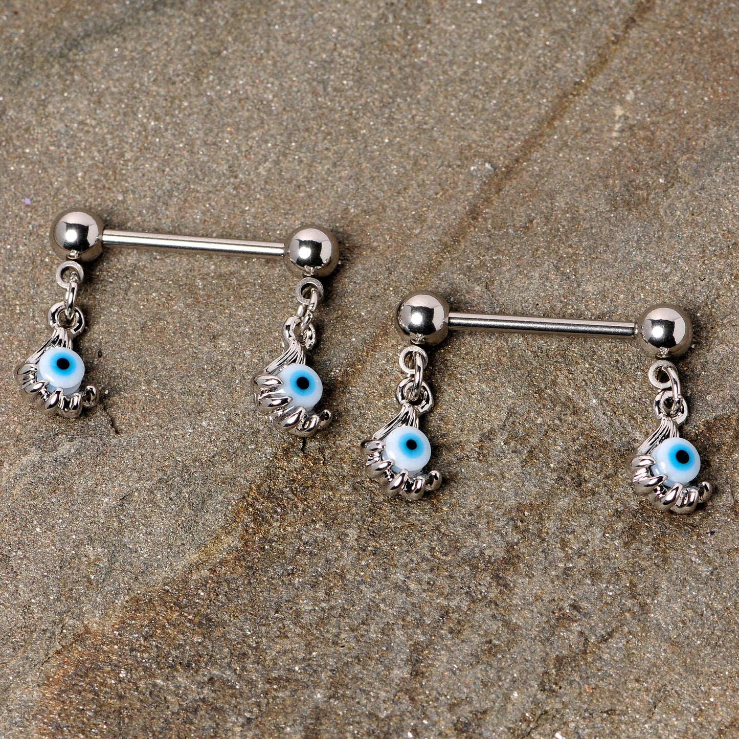 14 Gauge 5/8 Blue Eyeball Hand Halloween Dangle Nipple Ring Set