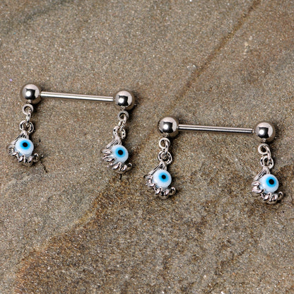 14 Gauge 5/8 Blue Eyeball Hand Halloween Dangle Nipple Ring Set