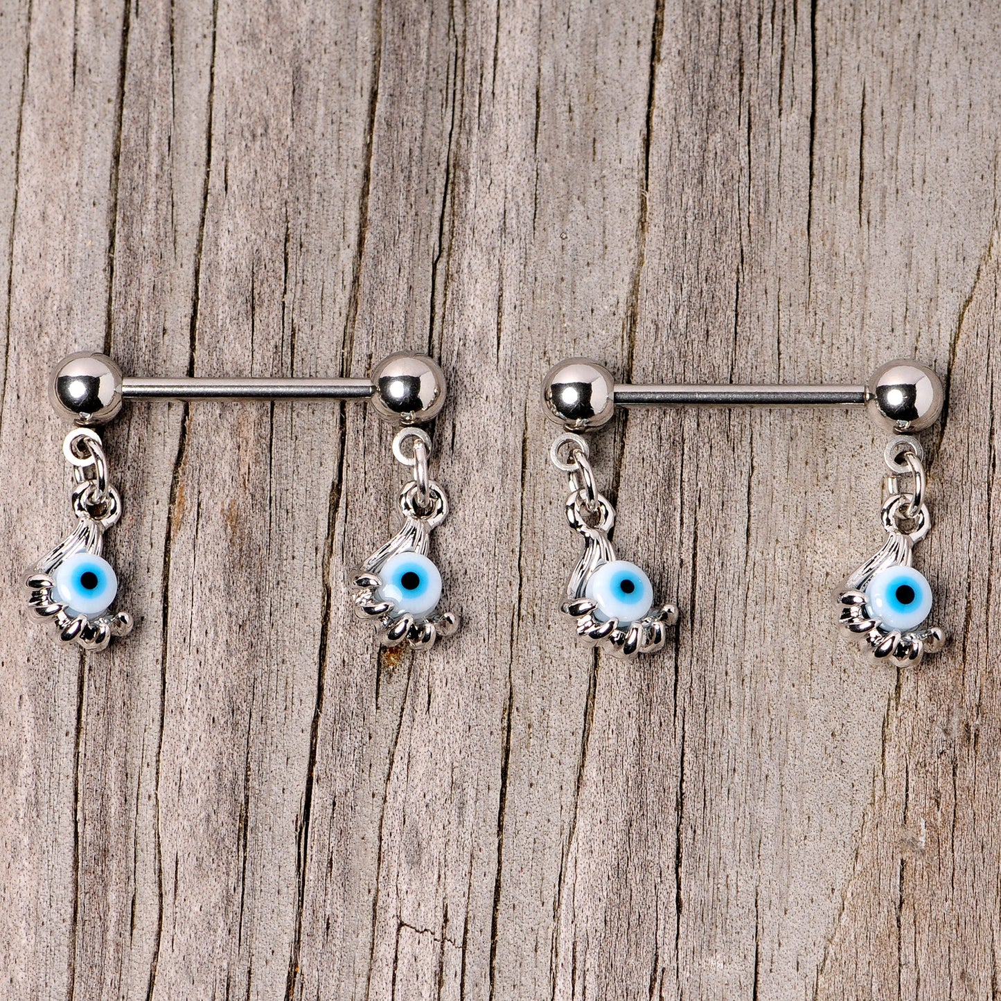 14 Gauge 5/8 Blue Eyeball Hand Halloween Dangle Nipple Ring Set