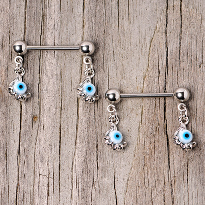 14 Gauge 5/8 Blue Eyeball Hand Halloween Dangle Nipple Ring Set