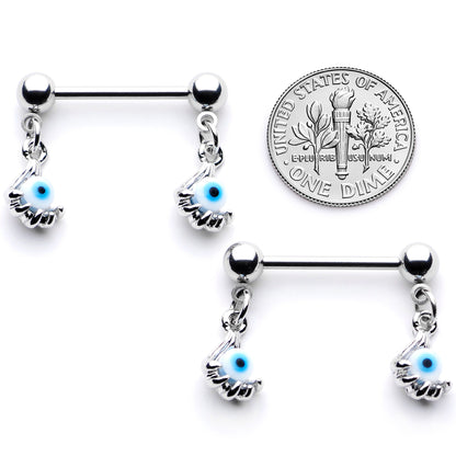 14 Gauge 5/8 Blue Eyeball Hand Halloween Dangle Nipple Ring Set