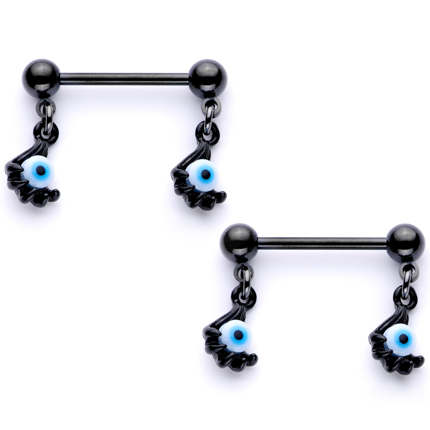 14 Gauge 5/8 Black Blue Eyeball Hand Halloween Dangle Nipple Ring Set