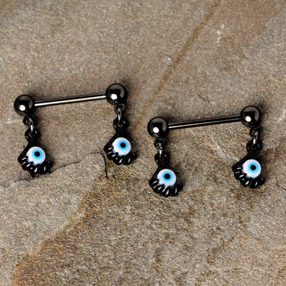 14 Gauge 5/8 Black Blue Eyeball Hand Halloween Dangle Nipple Ring Set